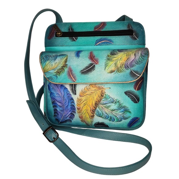 ANUSCHKA Hand Painted Leather Floating Feather Crossbody Bag Colorful Artisan - Picture 1 of 12
